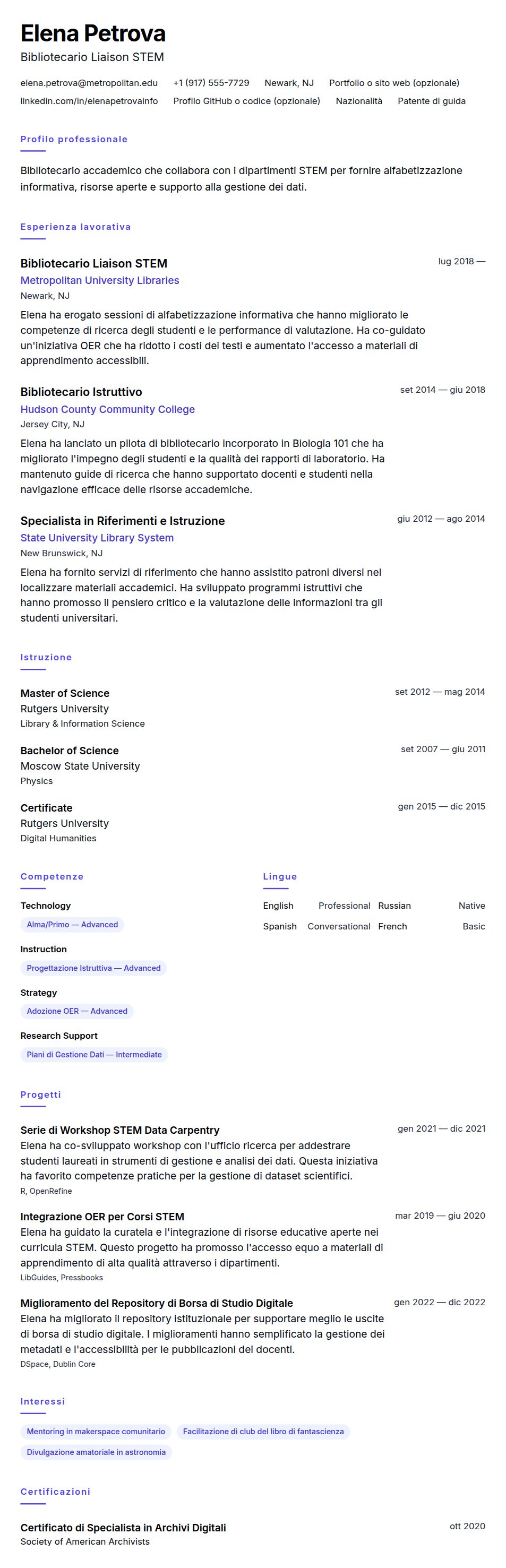 Anteprima del curriculum Esempio di Curriculum Vitae per Bibliotecario Accademico