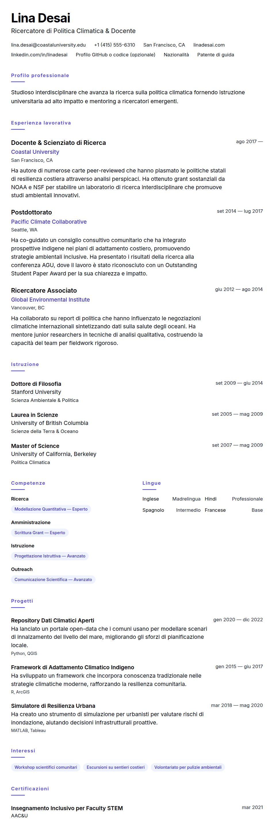 Anteprima del curriculum Esempio di Curriculum Accademico
