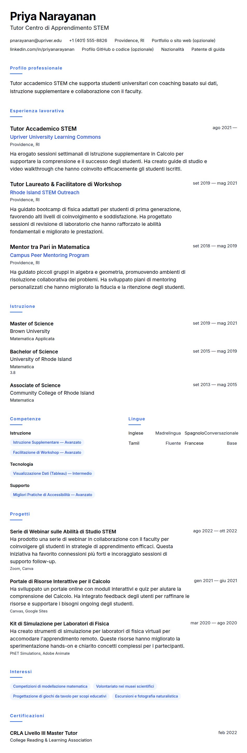 Anteprima del curriculum Esempio di Curriculum Vitae per Tutor Accademico