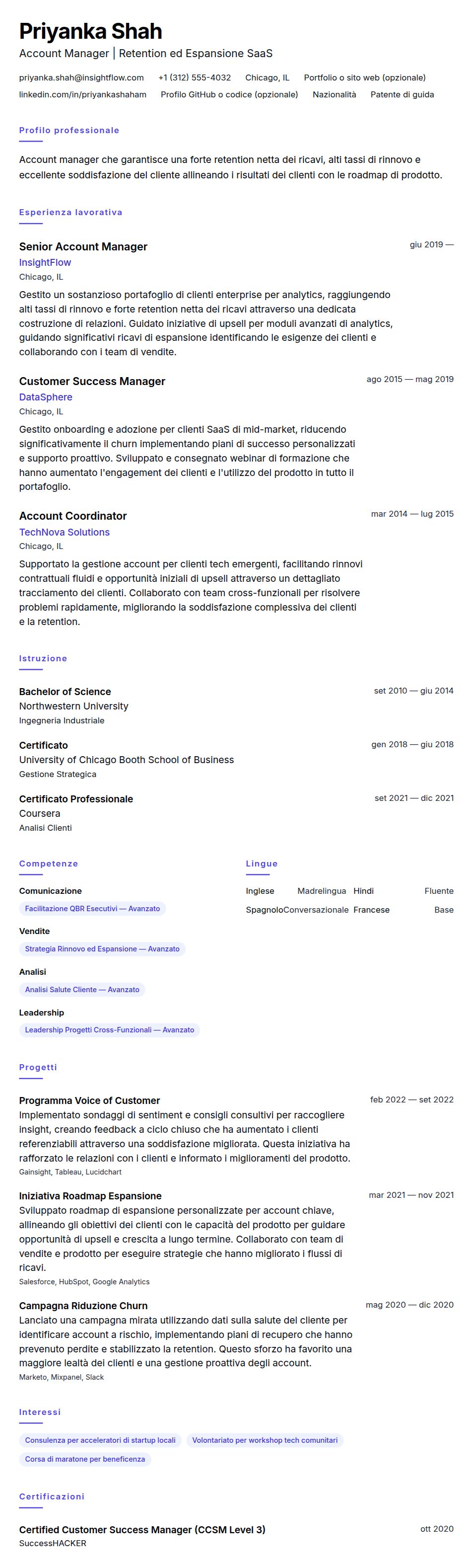 Esempio di Curriculum Account Manager