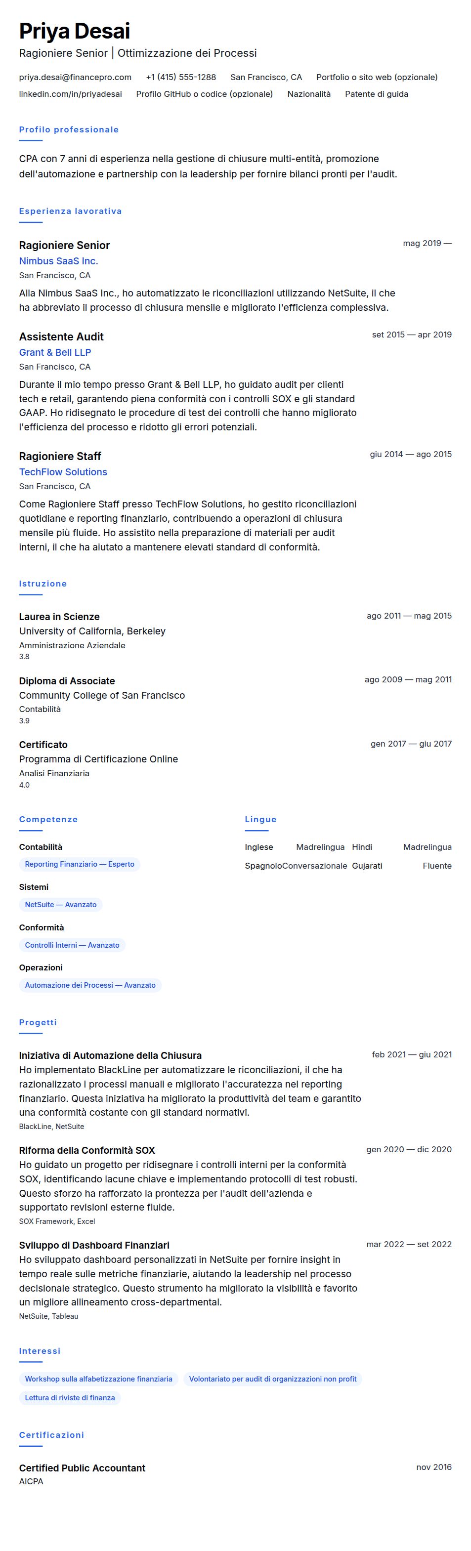 Anteprima del curriculum Esempio di Curriculum Vitae per Ragioniere