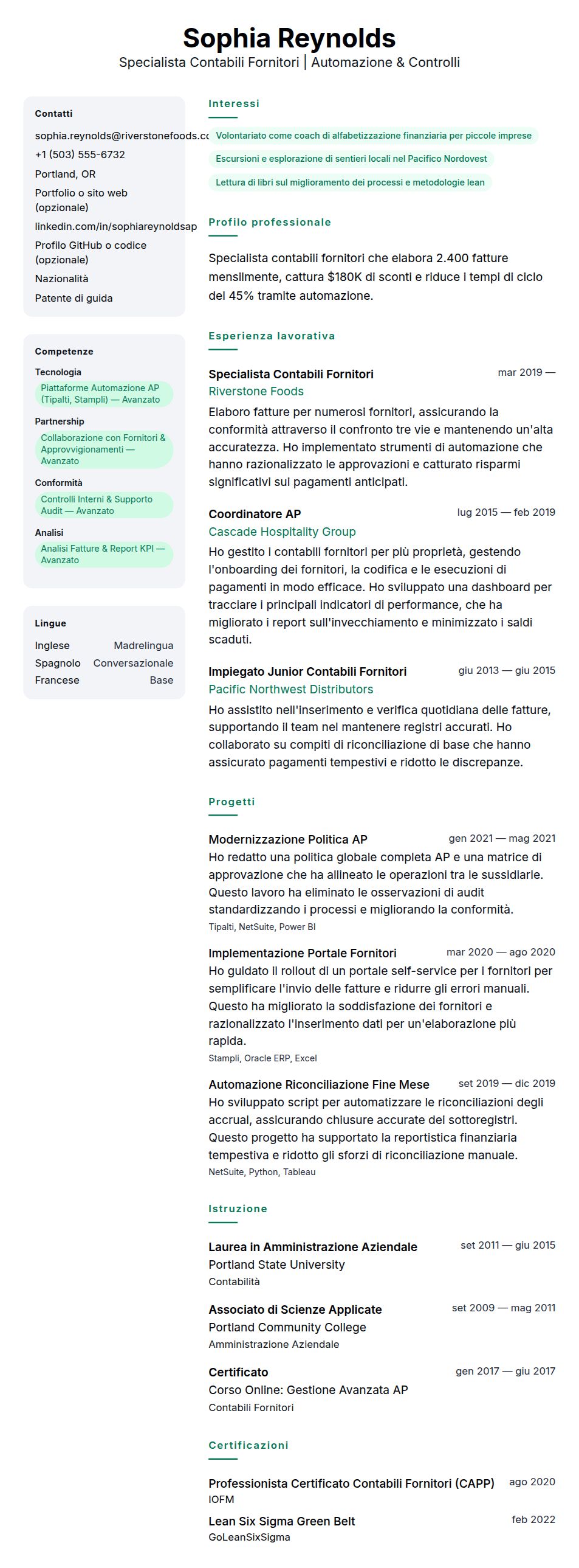 Anteprima del curriculum Esempio di Curriculum Specialista Contabili Fornitori