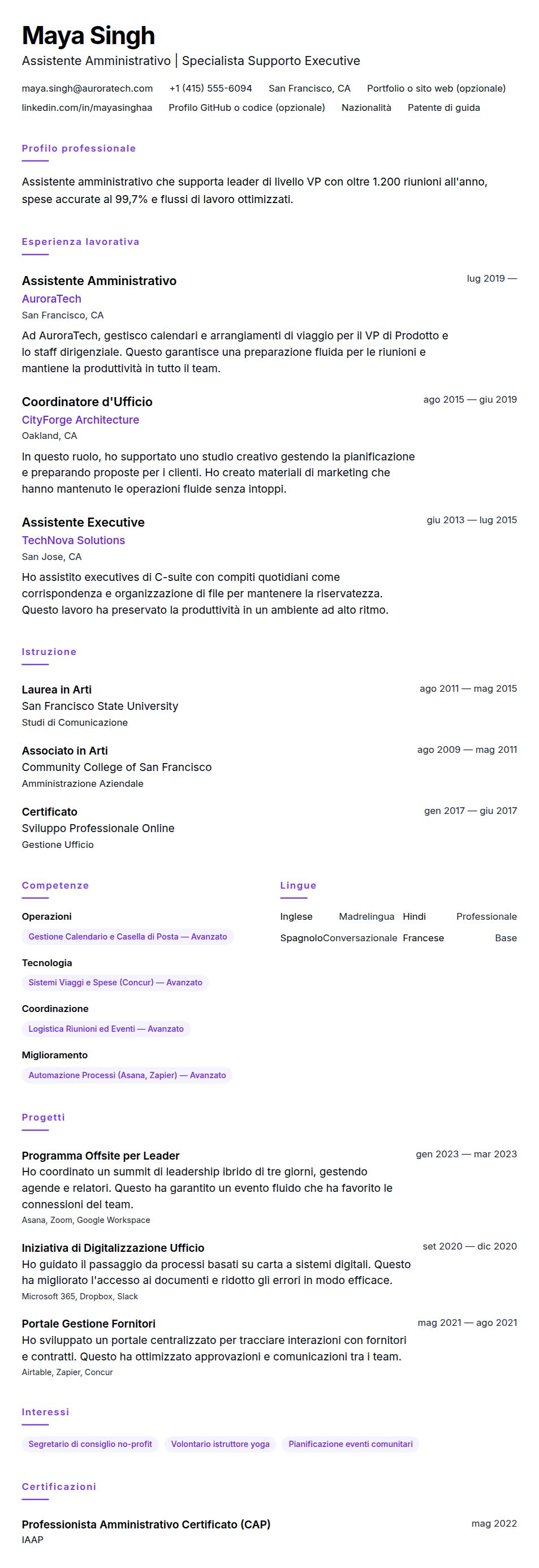 Anteprima del curriculum Esempio di Curriculum Assistente Amministrativo