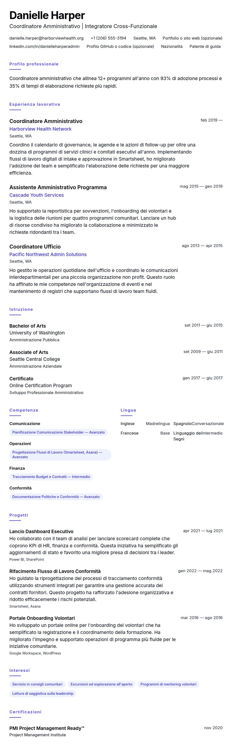 Esempio di Curriculum Vitae per Coordinatore Amministrativo