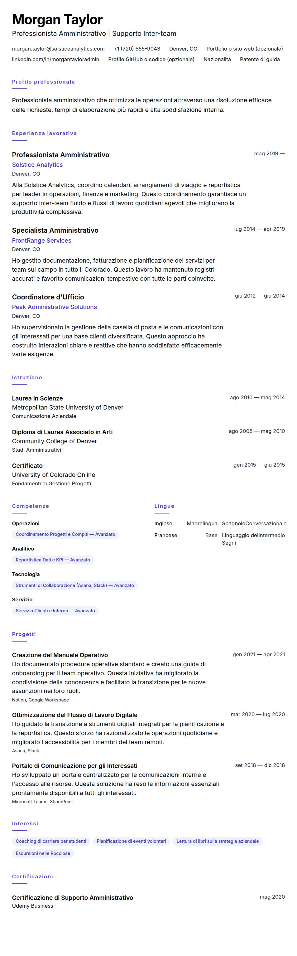 Esempio di Curriculum Vitae per Professionista Amministrativo