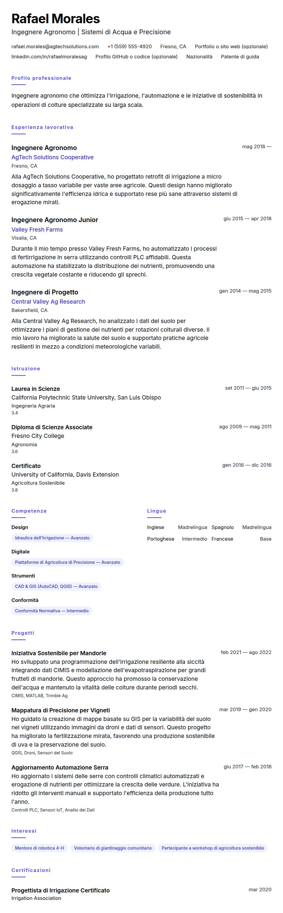 Esempio di Curriculum Vitae per Ingegnere Agronomo