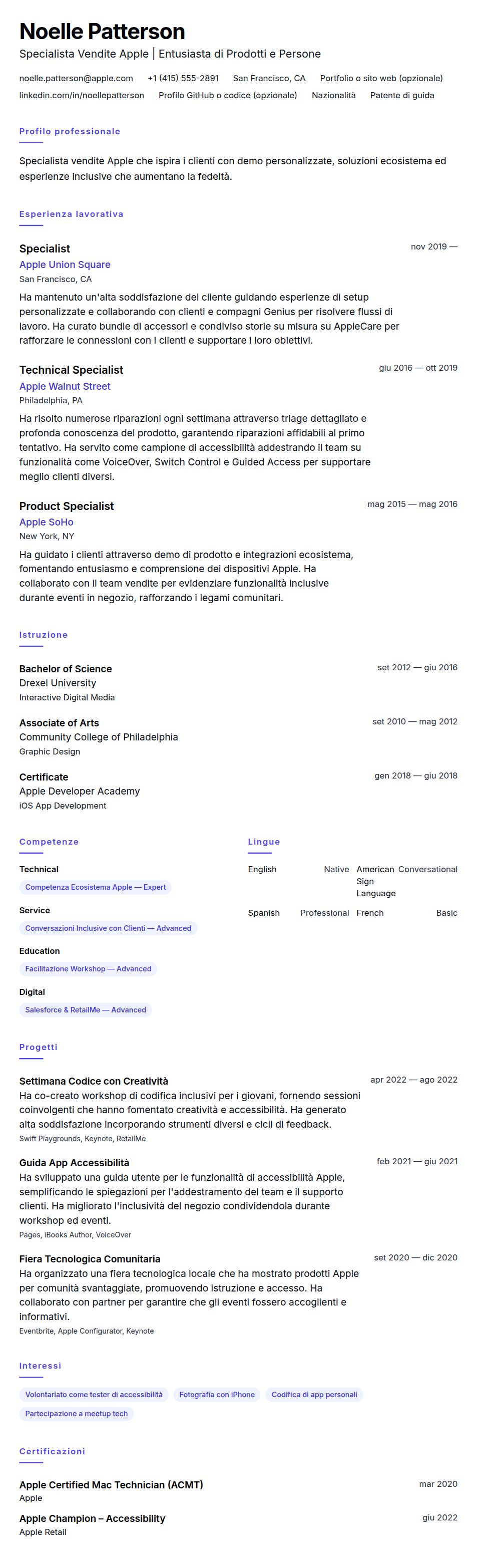 Esempio di Curriculum Specialista Vendite Apple