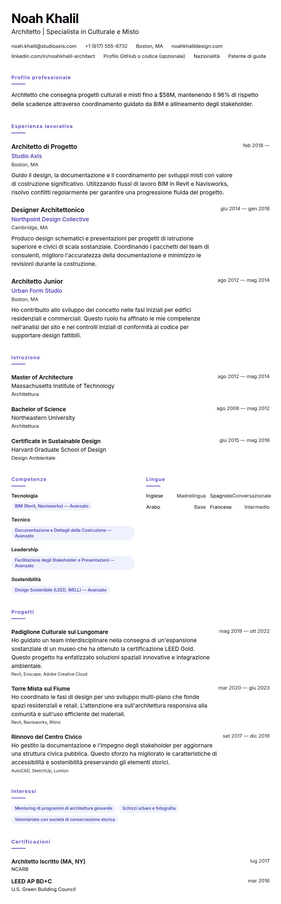 Esempio di Curriculum Architetto