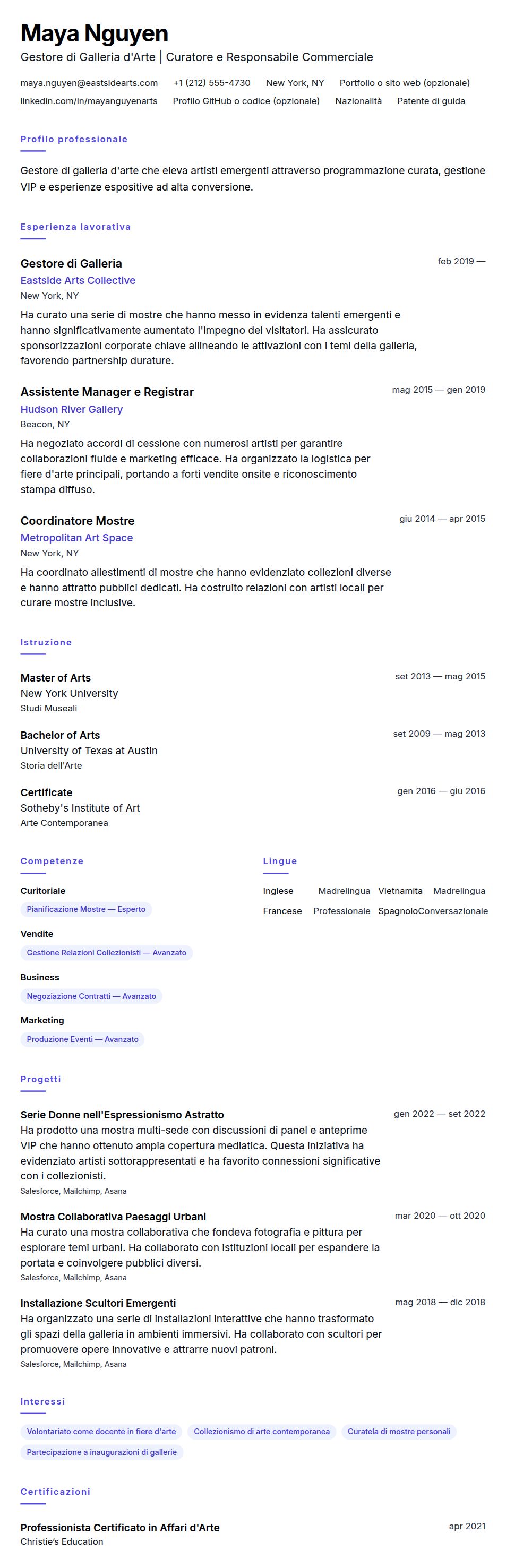 Anteprima del curriculum Esempio di Curriculum per Gestore di Galleria d'Arte