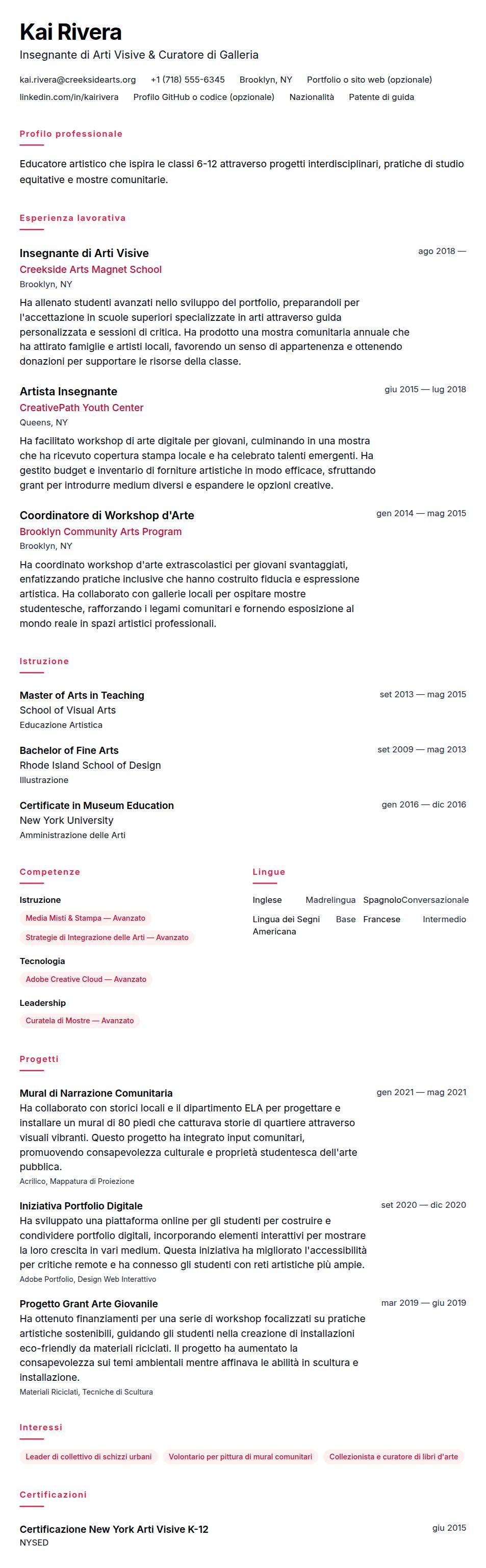 Anteprima del curriculum Esempio di Curriculum Vitae per Insegnante d'Arte