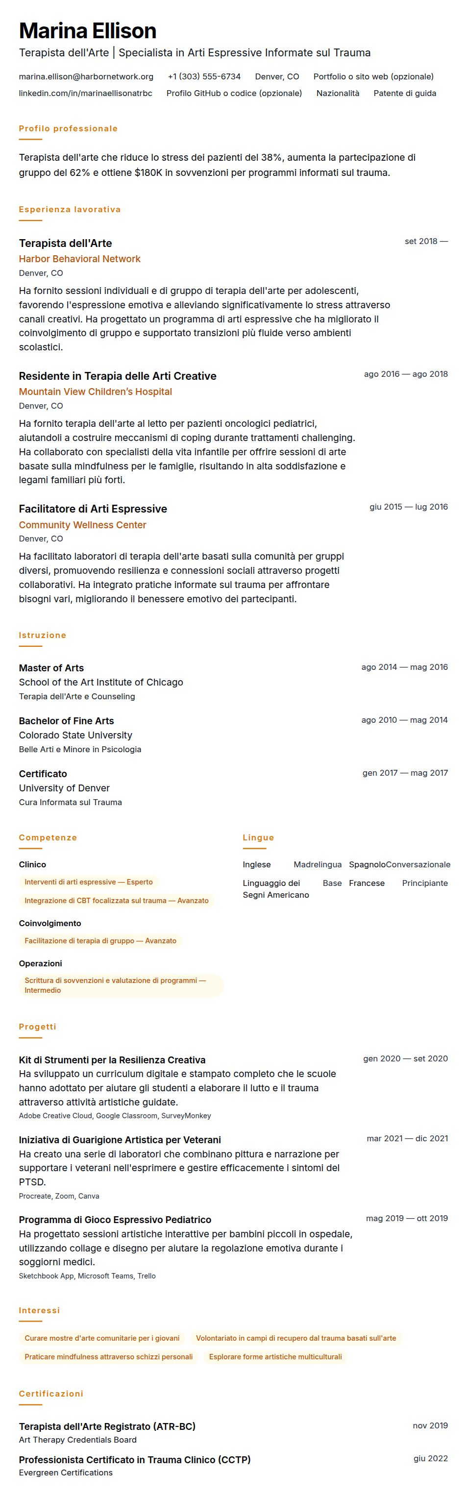 Esempio di Curriculum Vitae per Terapista dell'Arte