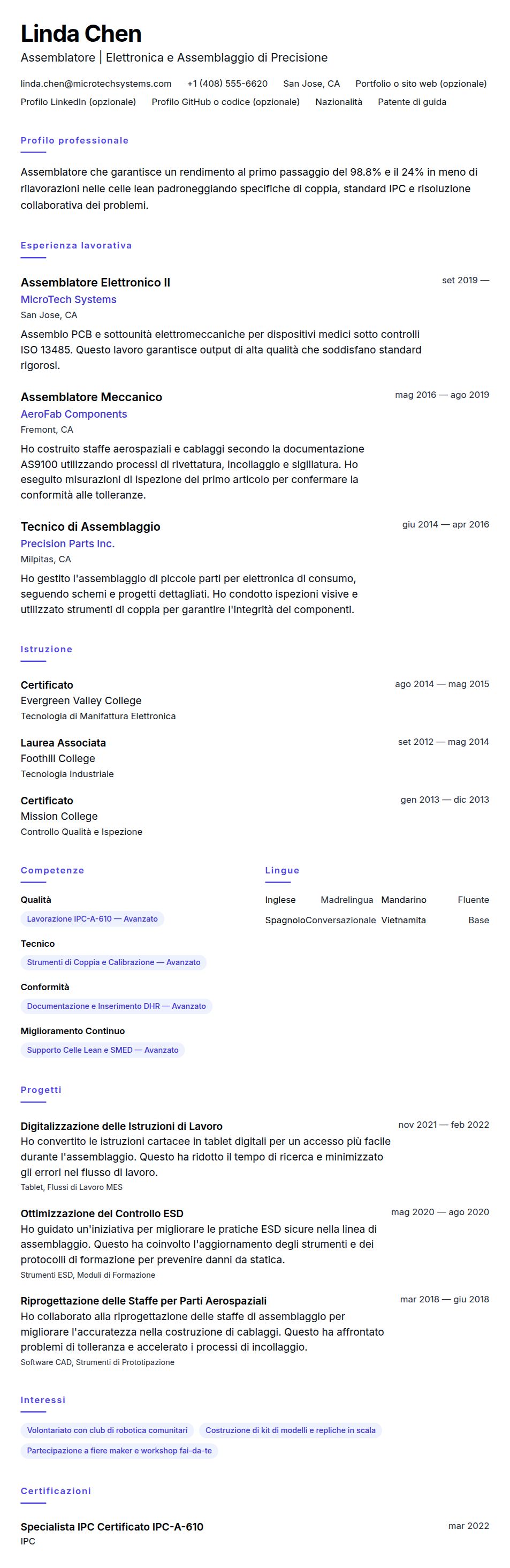 Anteprima del curriculum Esempio di Curriculum Assemblatore