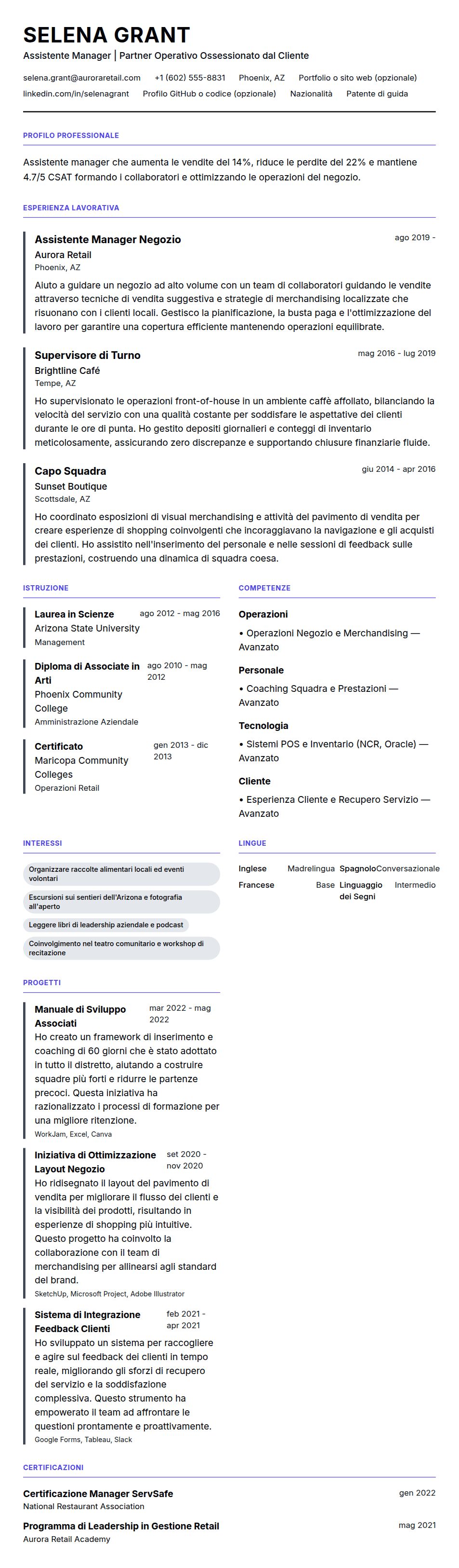 Anteprima del curriculum Esempio di Curriculum per Assistente Manager