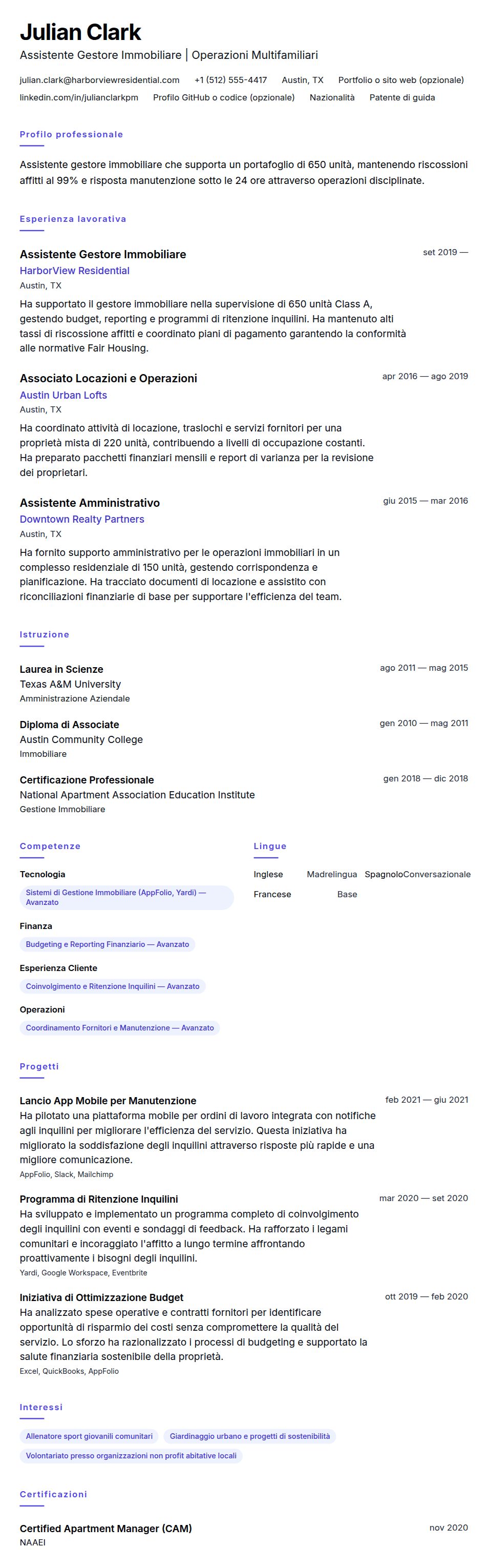 Esempio di Curriculum per Assistente Gestore Immobiliare