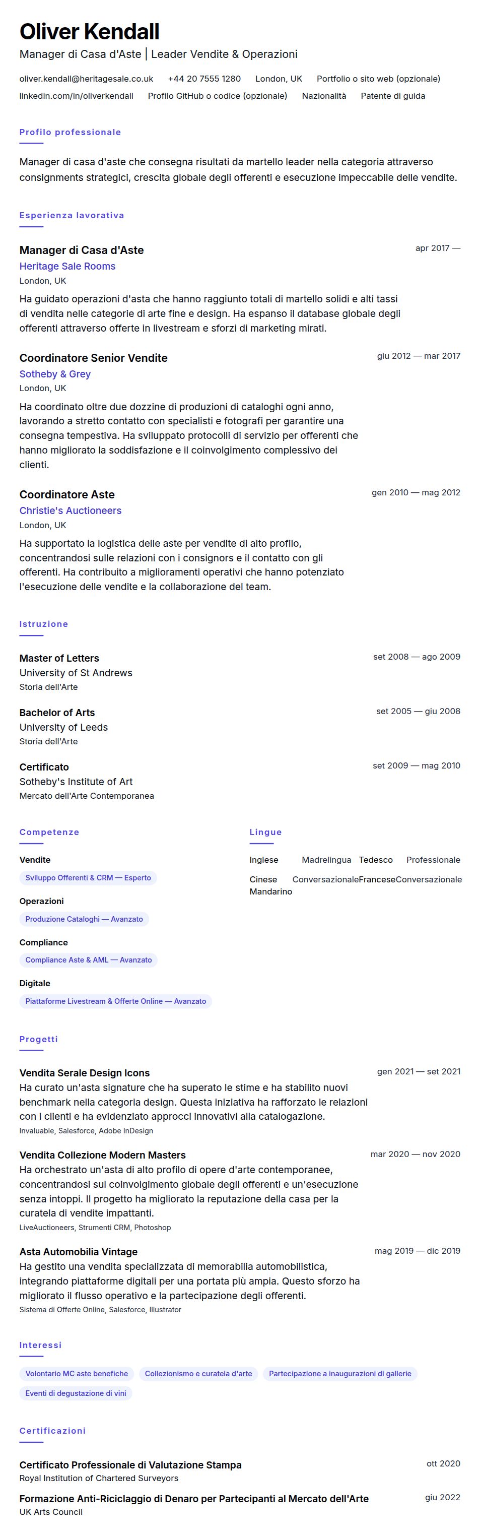 Anteprima del curriculum Esempio di Curriculum Manager di Casa d'Aste