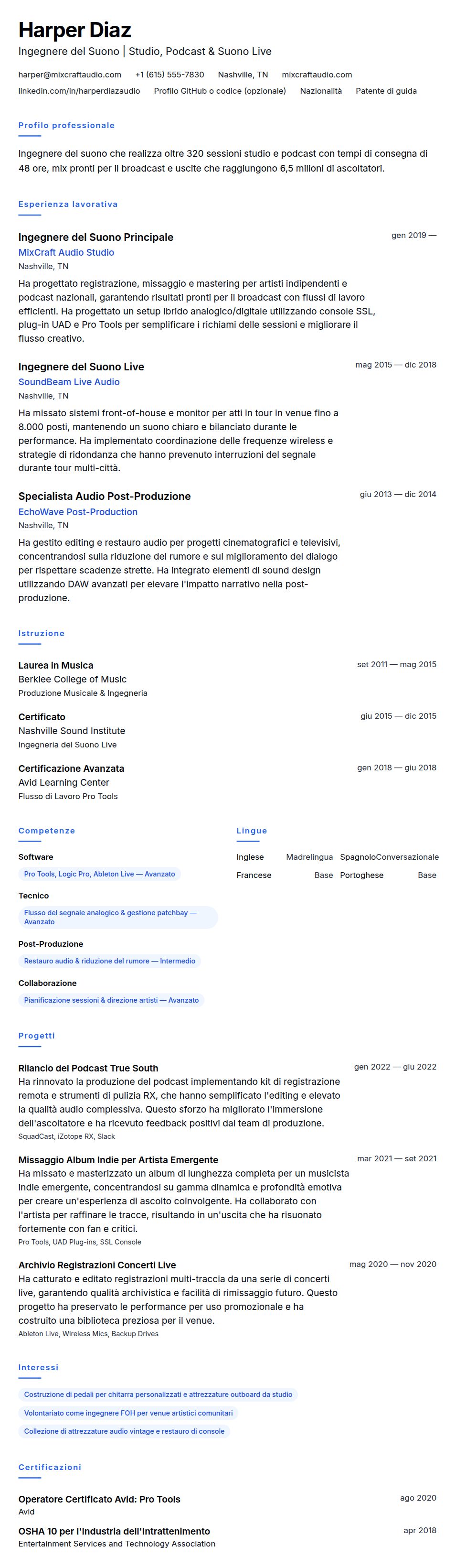 Anteprima del curriculum Esempio di Curriculum per Ingegnere del Suono