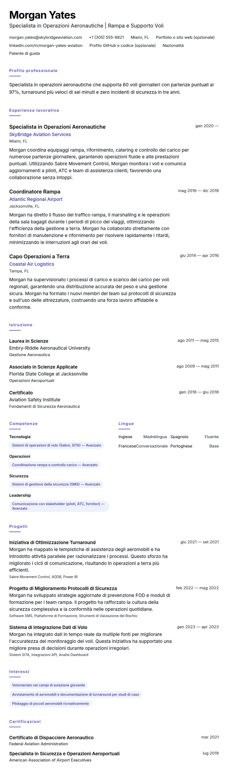 Anteprima del curriculum Esempio di Curriculum Vitae per Specialista in Operazioni Aeronautiche