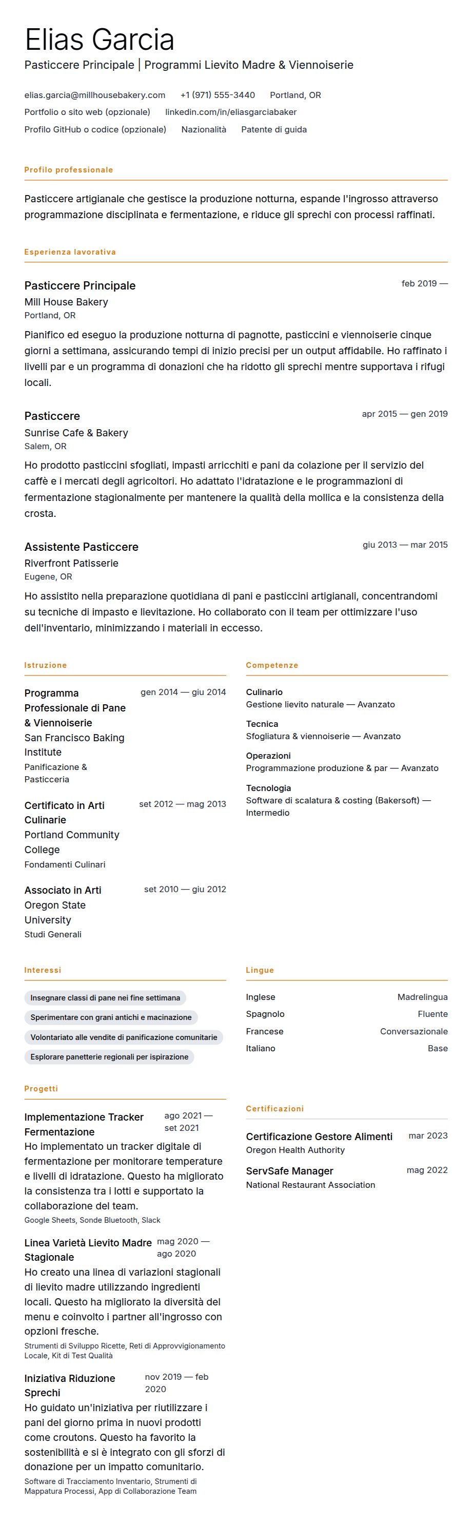 Anteprima del curriculum Esempio di Curriculum Pasticcere