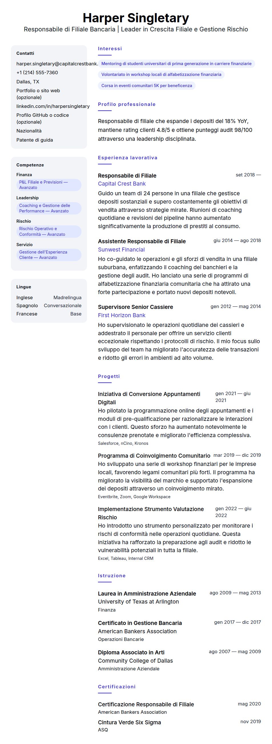 Esempio di Curriculum Vitae per Responsabile di Filiale Bancaria