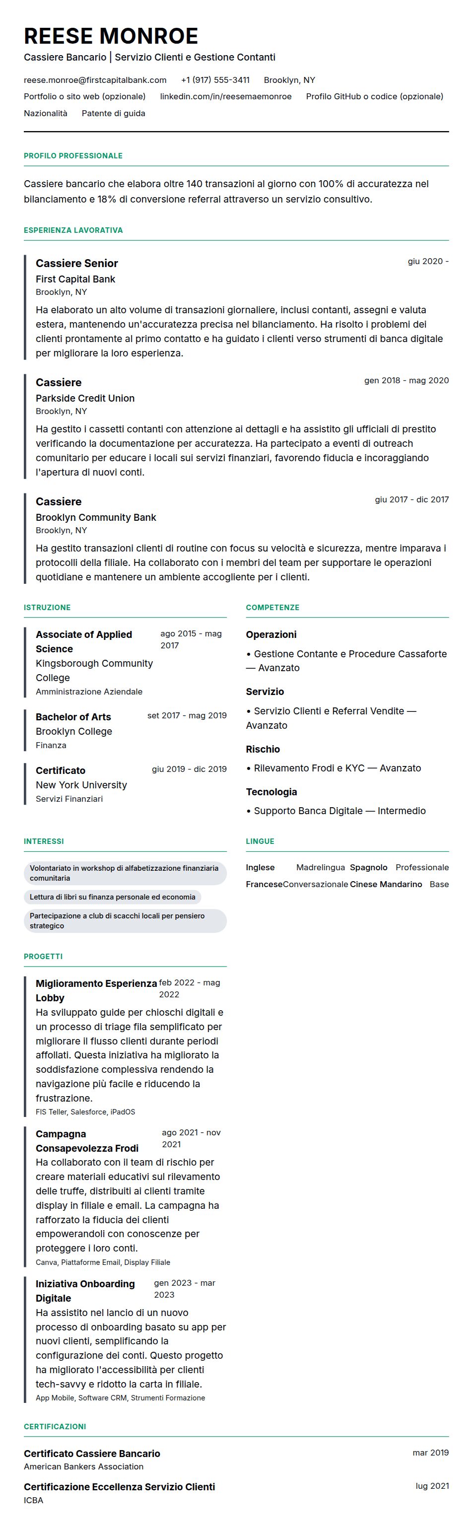 Anteprima del curriculum Esempio di Curriculum per Cassiere Bancario