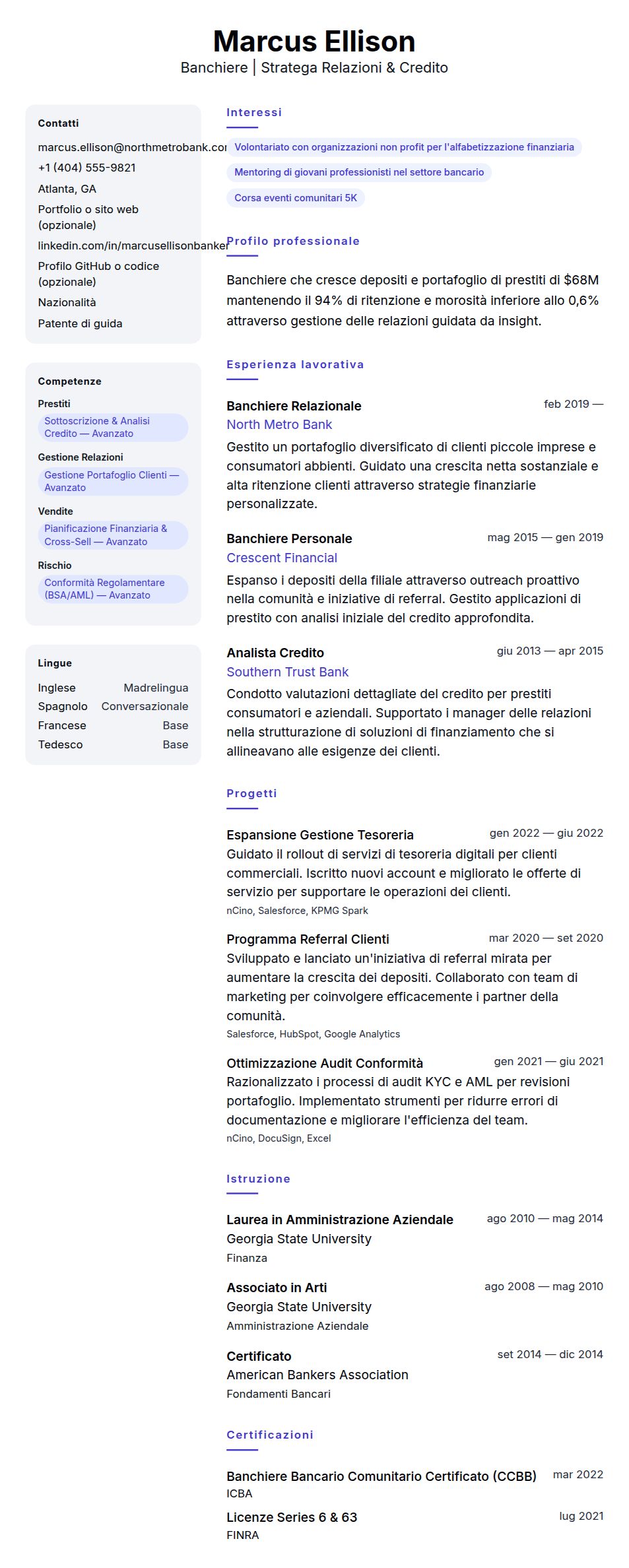 Anteprima del curriculum Esempio di Curriculum Banchiere