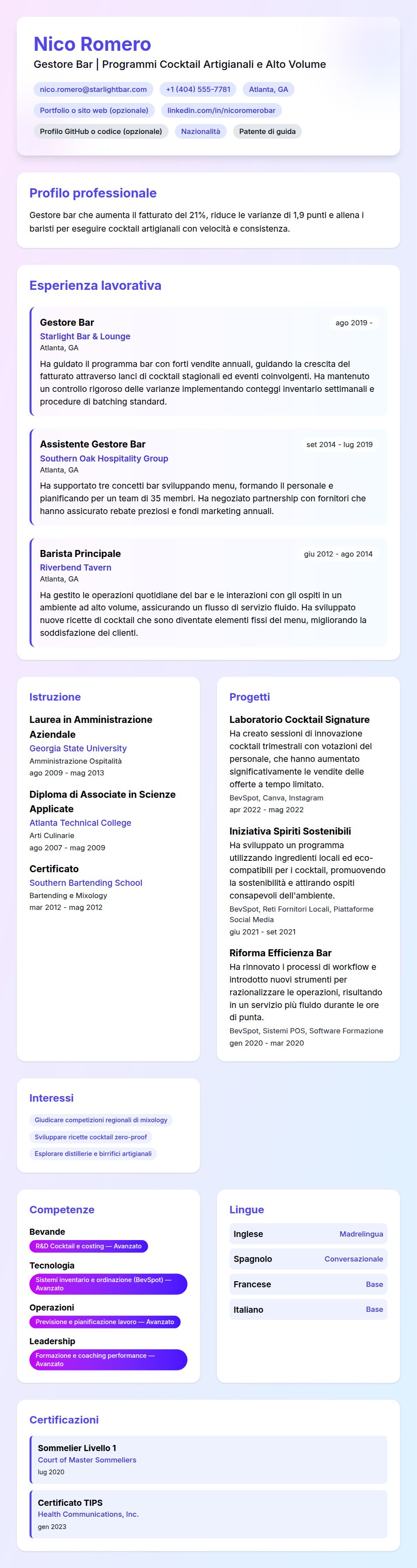 Anteprima del curriculum Esempio di Curriculum Vitae per Gestore Bar