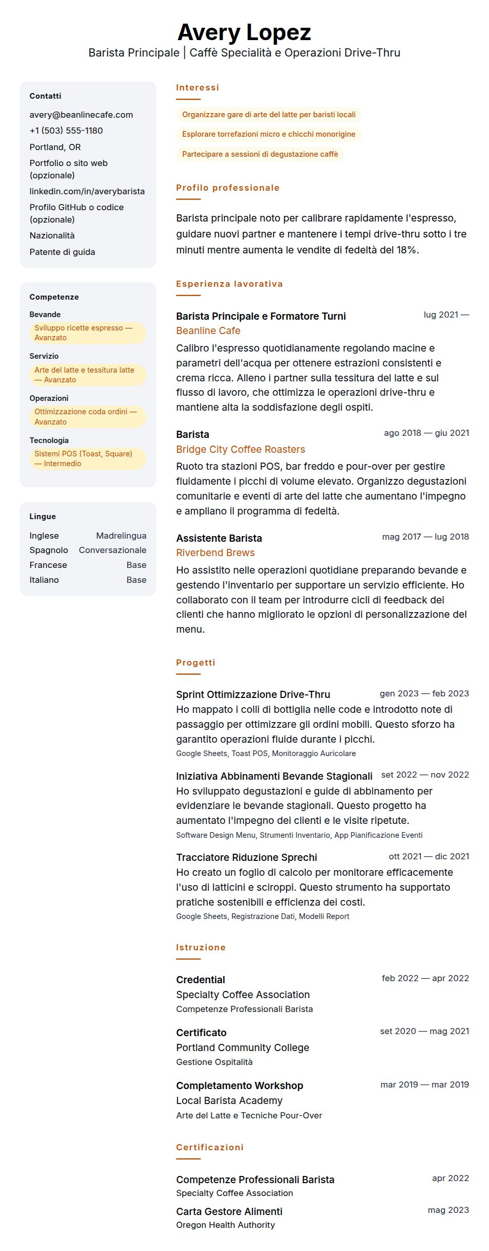Anteprima del curriculum Esempio di Curriculum Barista