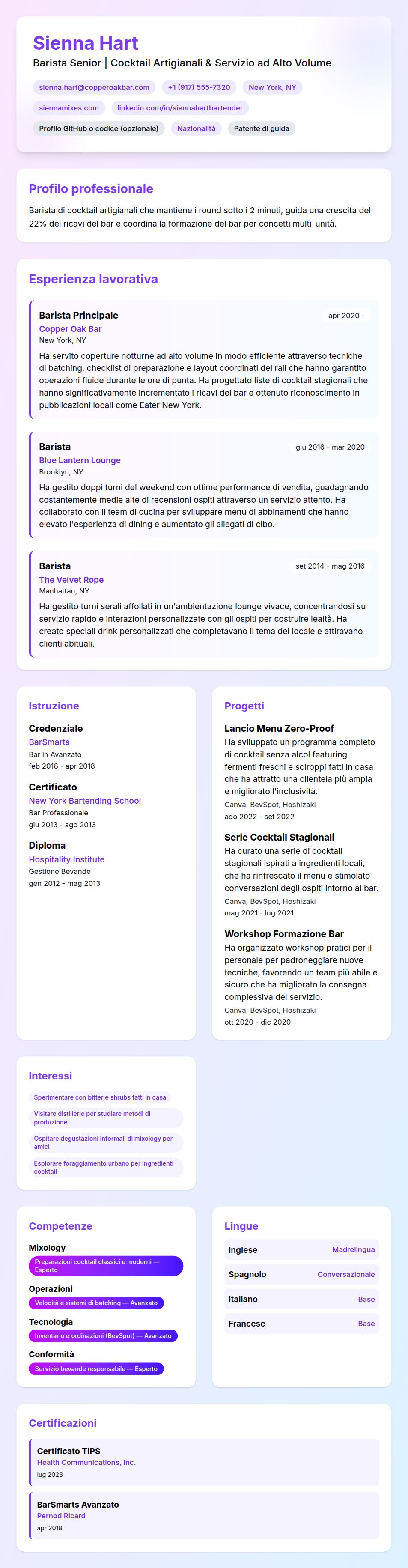 Anteprima del curriculum Esempio di Curriculum Barista