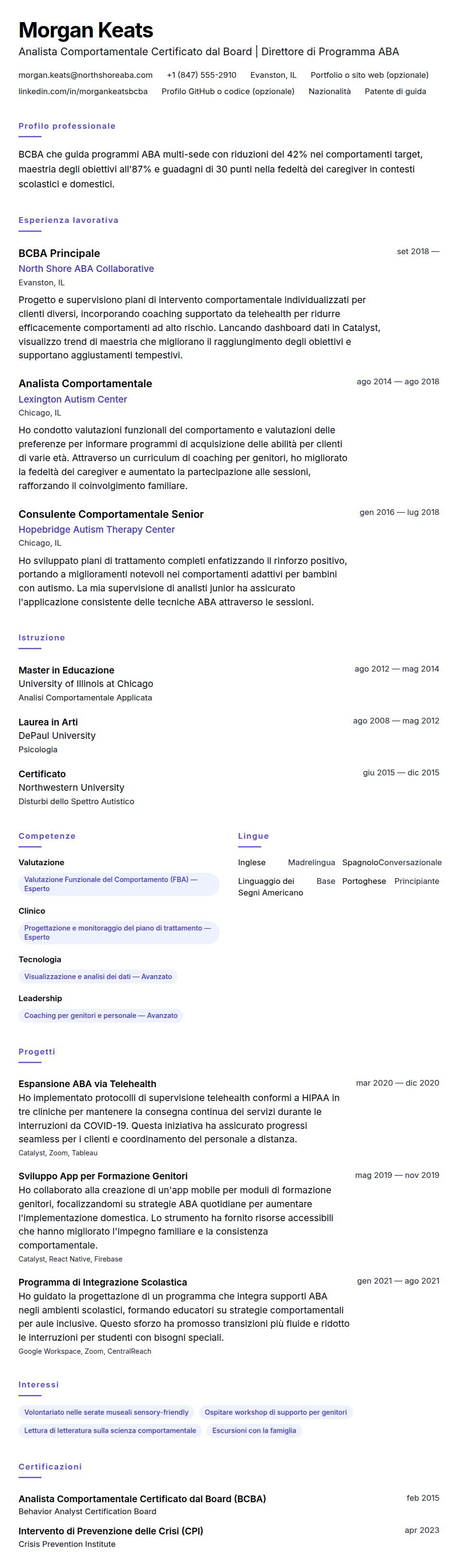Anteprima del curriculum Esempio di Curriculum per Analista Comportamentale Certificato dal Board (BCBA)