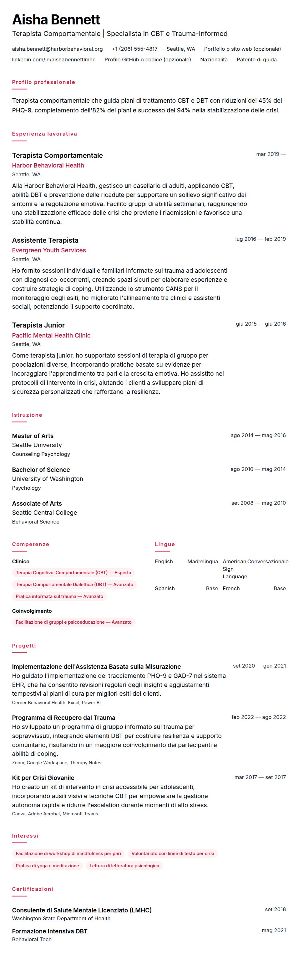 Anteprima del curriculum Esempio di Curriculum Vitae per Terapista Comportamentale