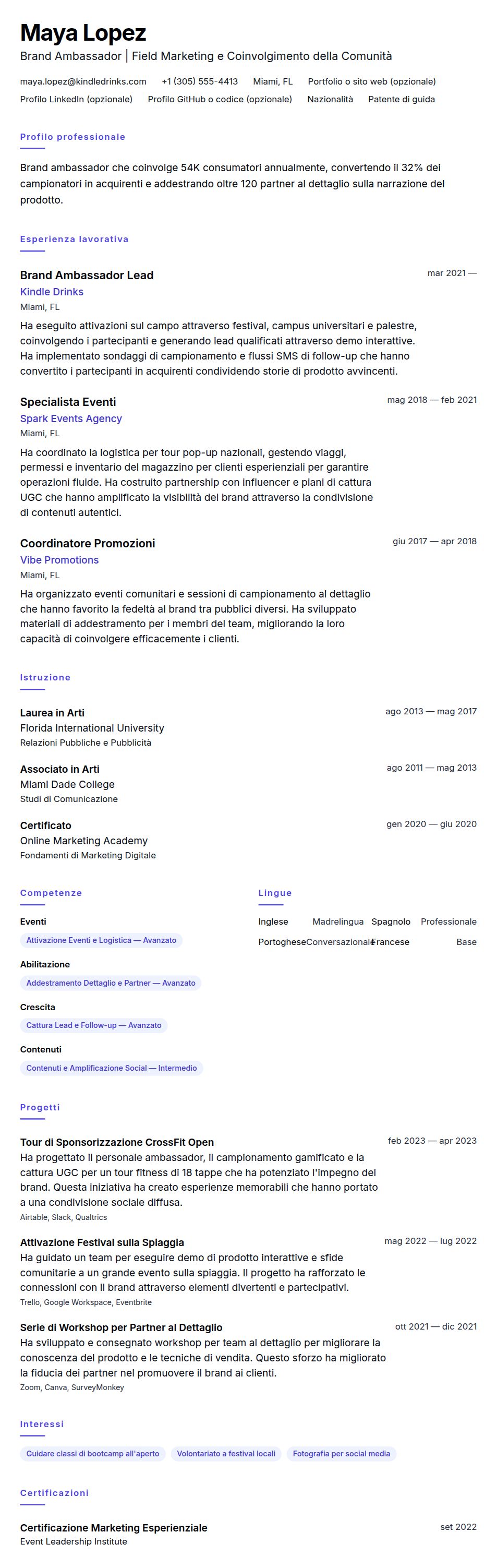 Anteprima del curriculum Esempio di Curriculum per Brand Ambassador