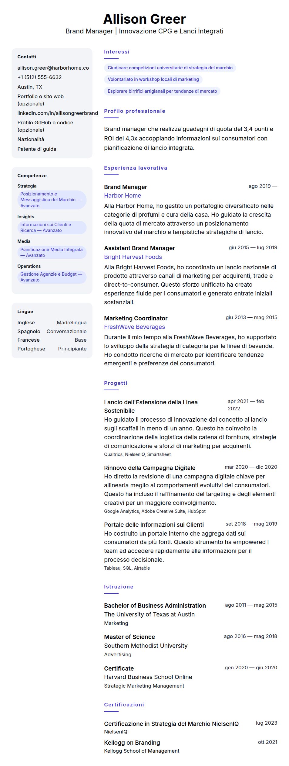 Anteprima del curriculum Esempio di Curriculum Vitae per Brand Manager
