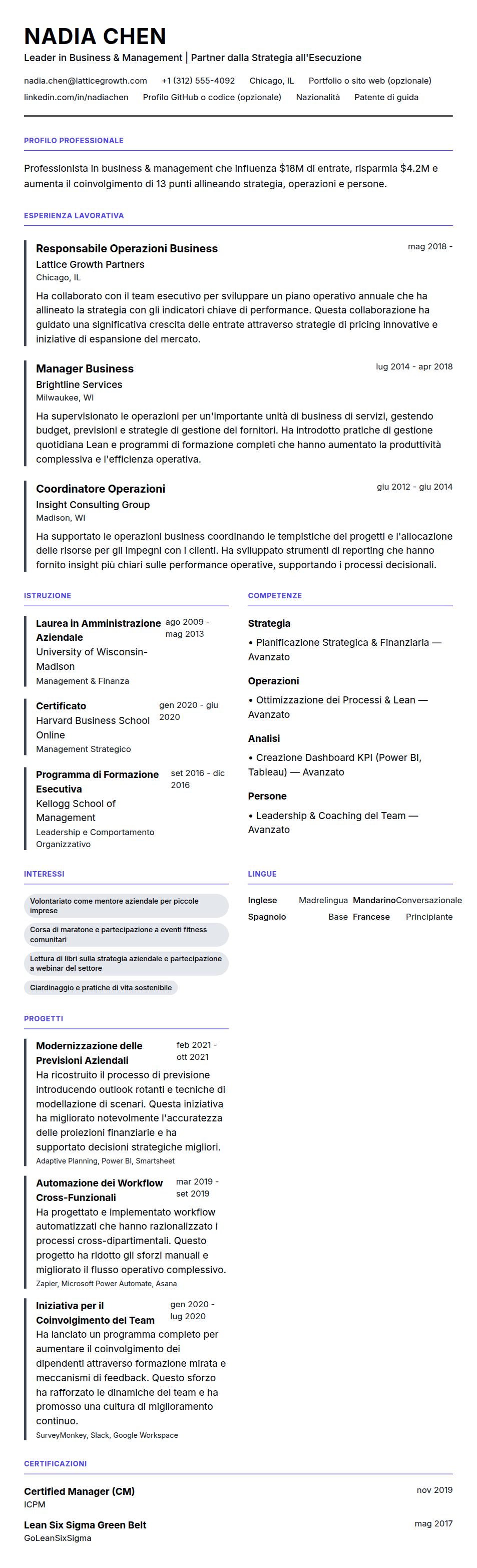 Anteprima del curriculum Esempio di Curriculum per Professionista in Business & Management