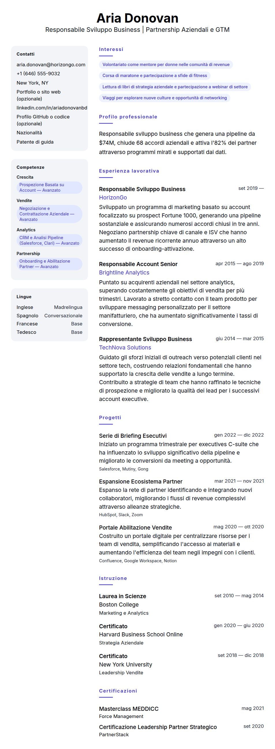 Esempio di Curriculum Vitae per Responsabile Sviluppo Business