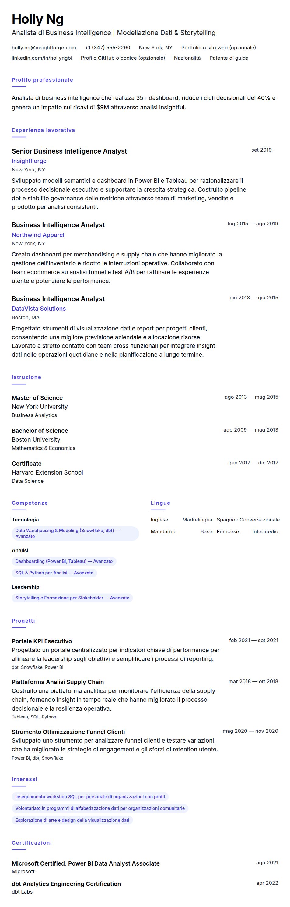 Anteprima del curriculum Esempio di Curriculum Analista di Business Intelligence