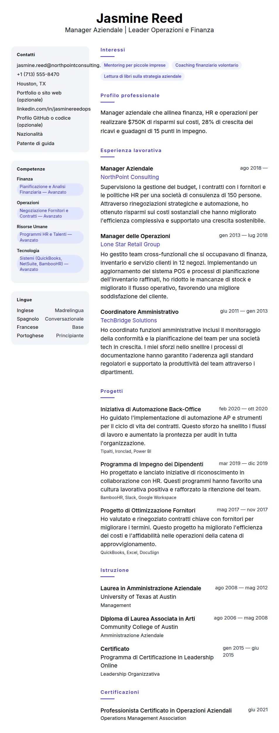 Anteprima del curriculum Esempio di Curriculum Manager Aziendale