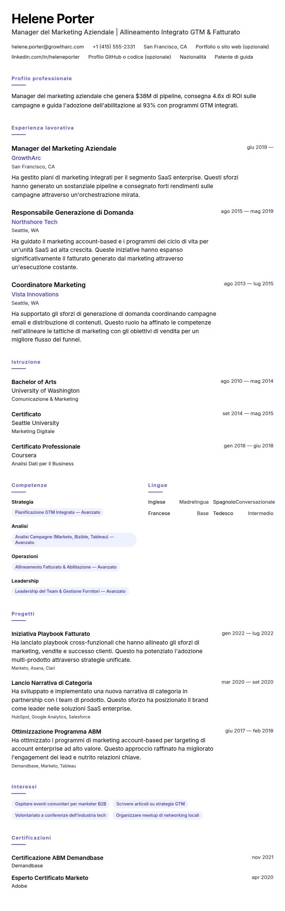 Anteprima del curriculum Esempio di Curriculum per Manager del Marketing Aziendale