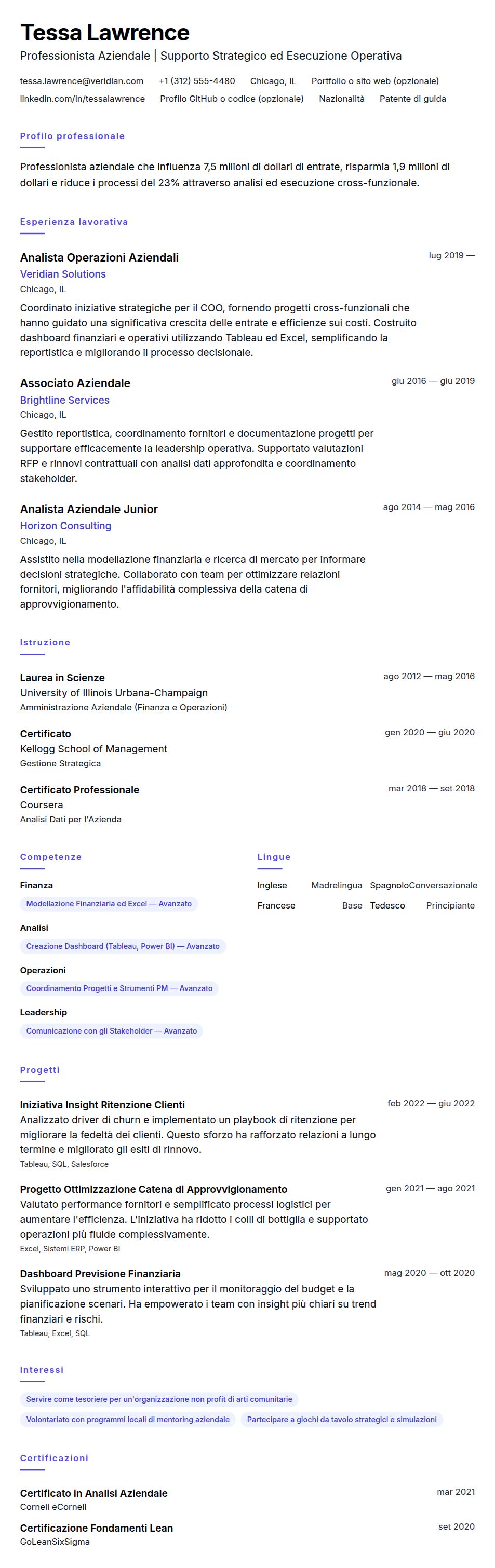 Anteprima del curriculum Esempio di Curriculum Professionista Aziendale