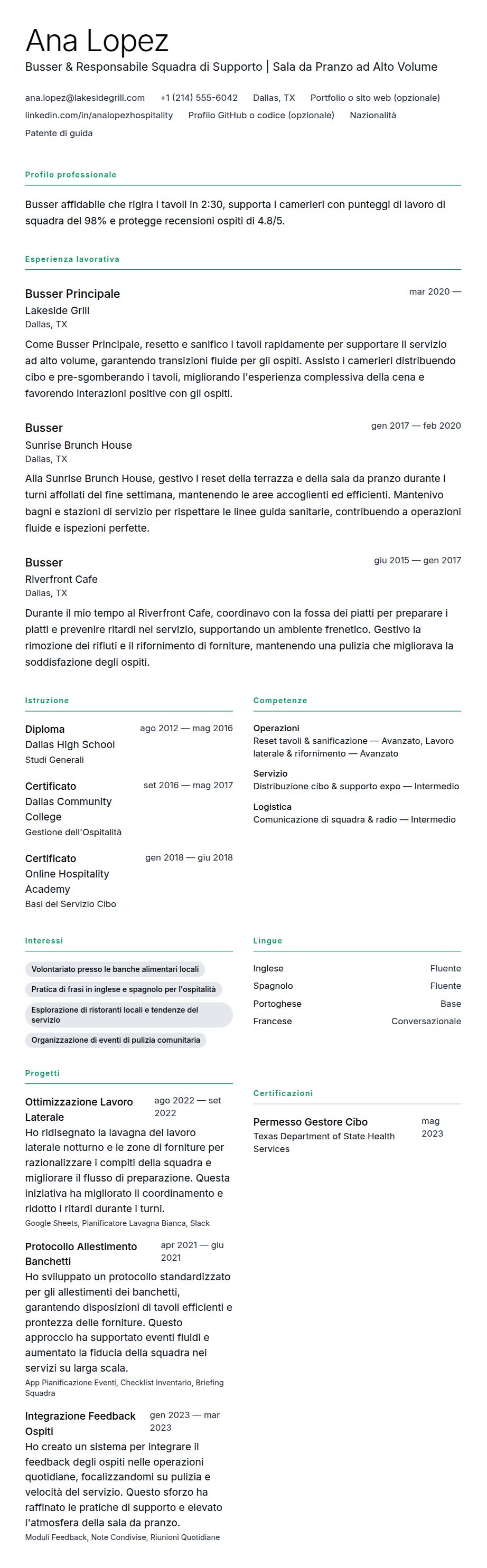 Anteprima del curriculum Esempio di Curriculum Busser