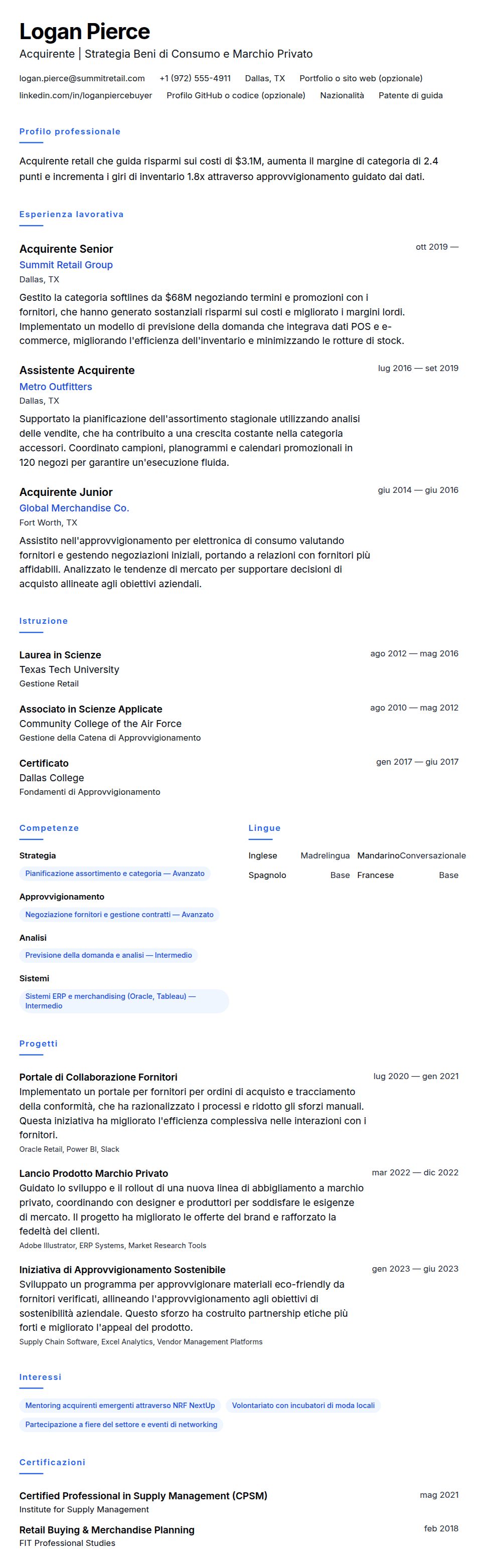 Anteprima del curriculum Esempio di Curriculum Acquirente