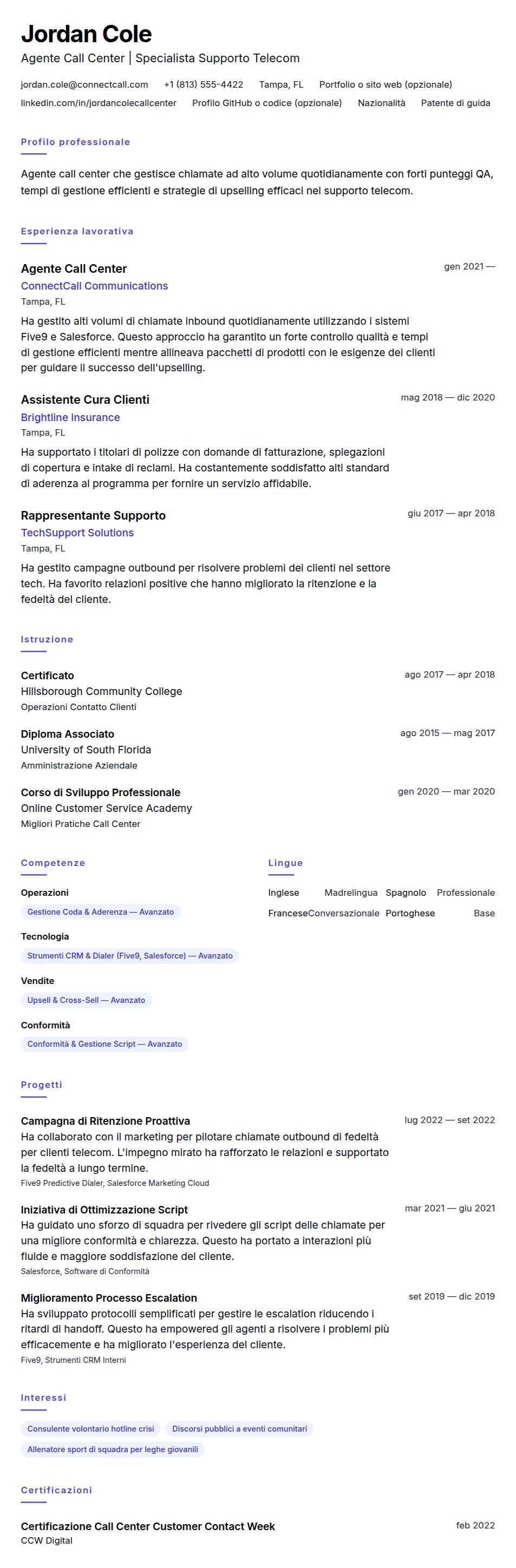 Anteprima del curriculum Esempio di Curriculum Agente Call Center