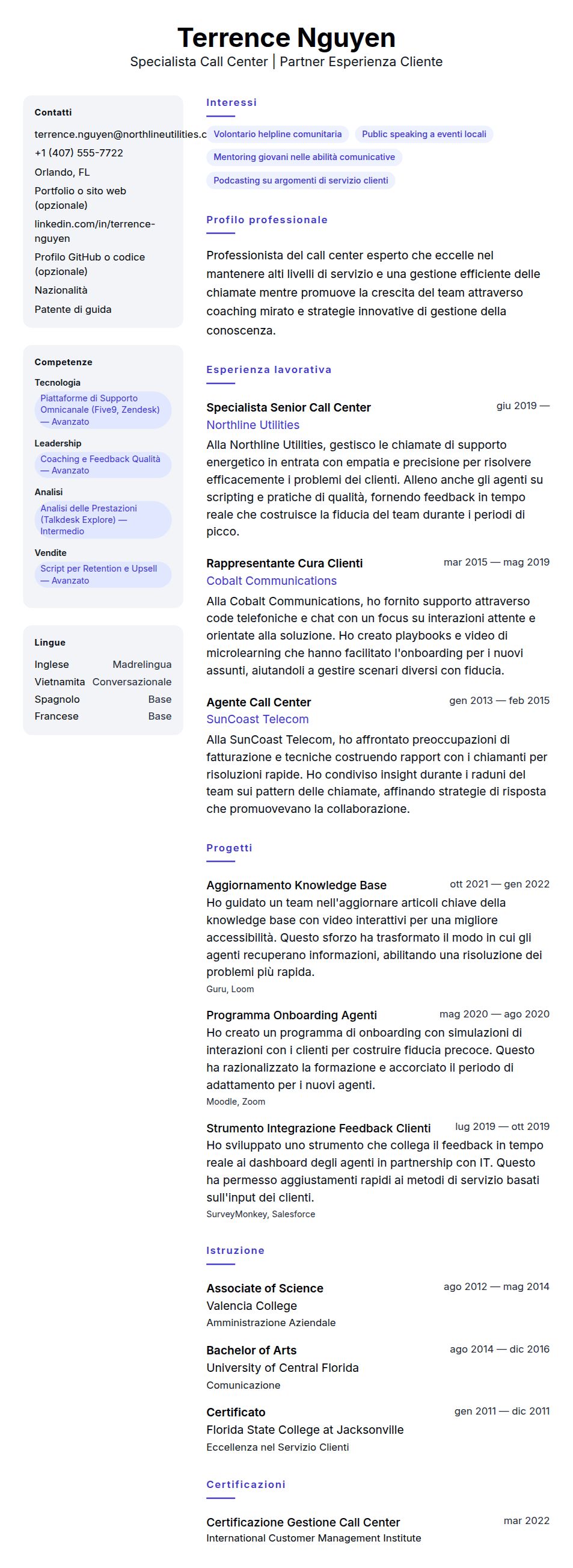 Anteprima del curriculum Esempio di Curriculum per Professionista del Call Center