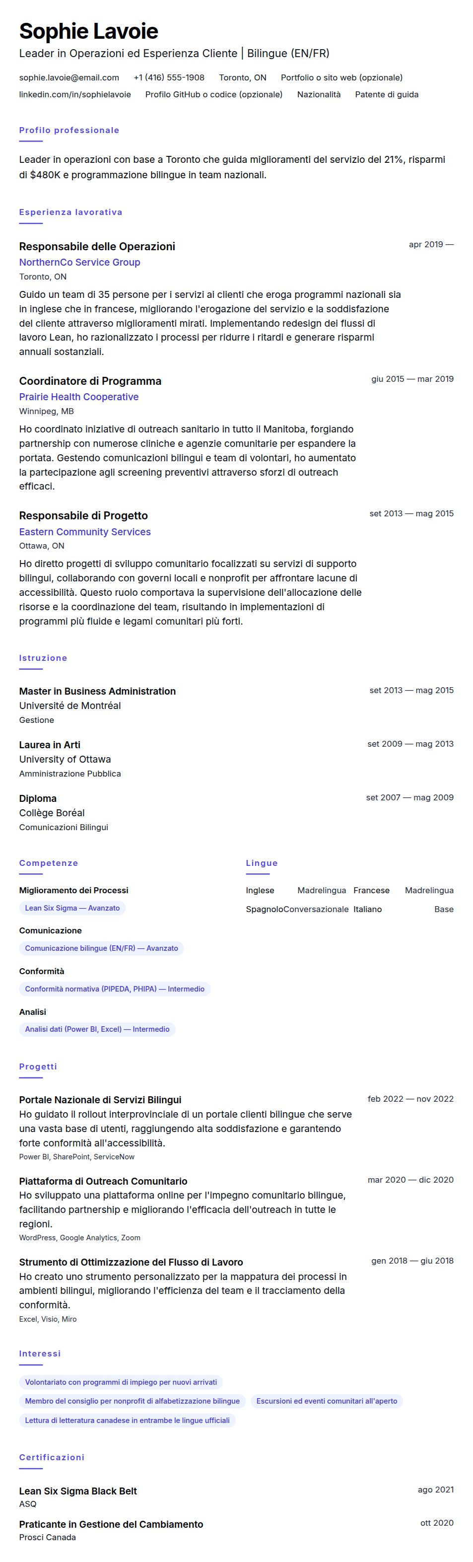 Anteprima del curriculum Esempio di Curriculum Vitae in Formato Canadese