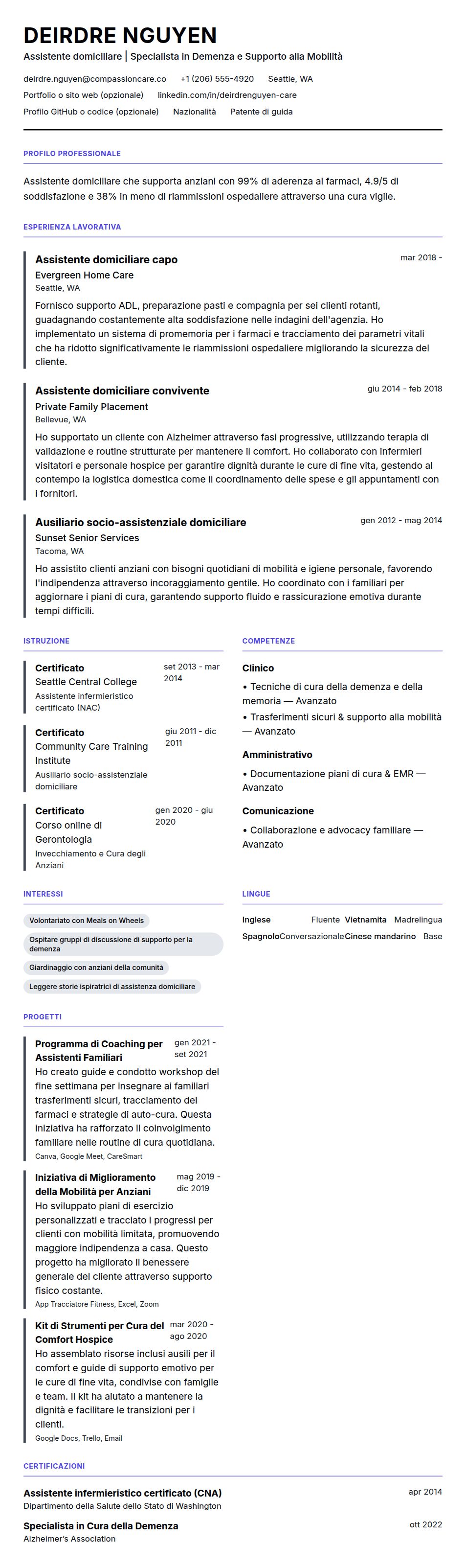 Anteprima del curriculum Esempio di Curriculum Assistente Domiciliare