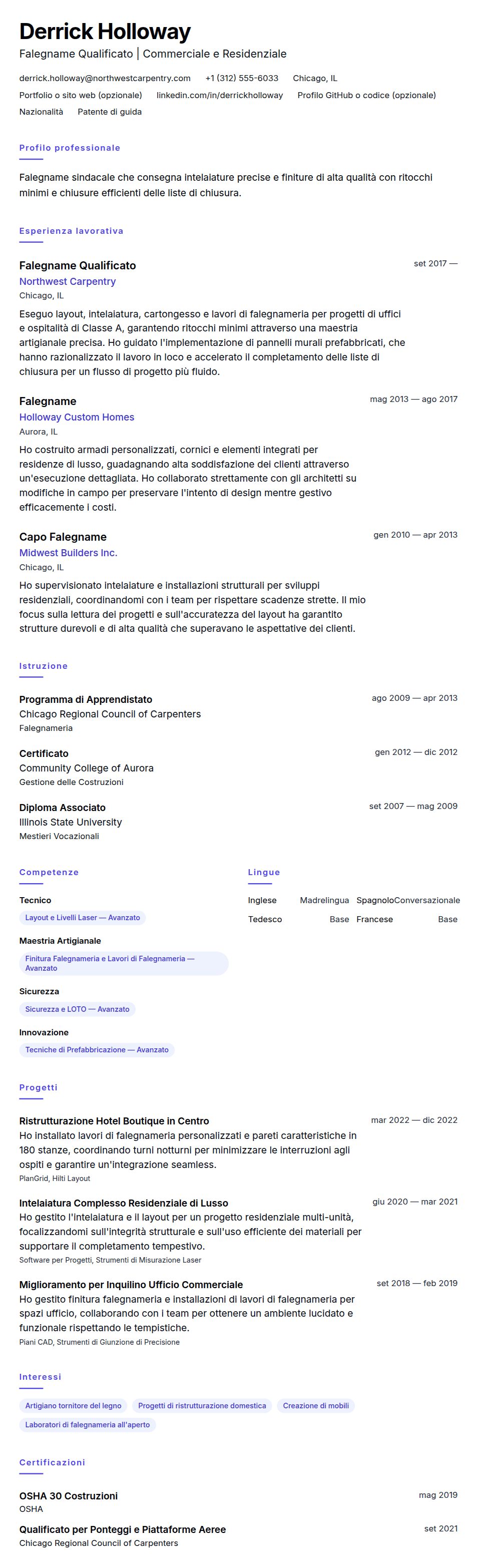 Esempio di Curriculum Vitae per Falegname