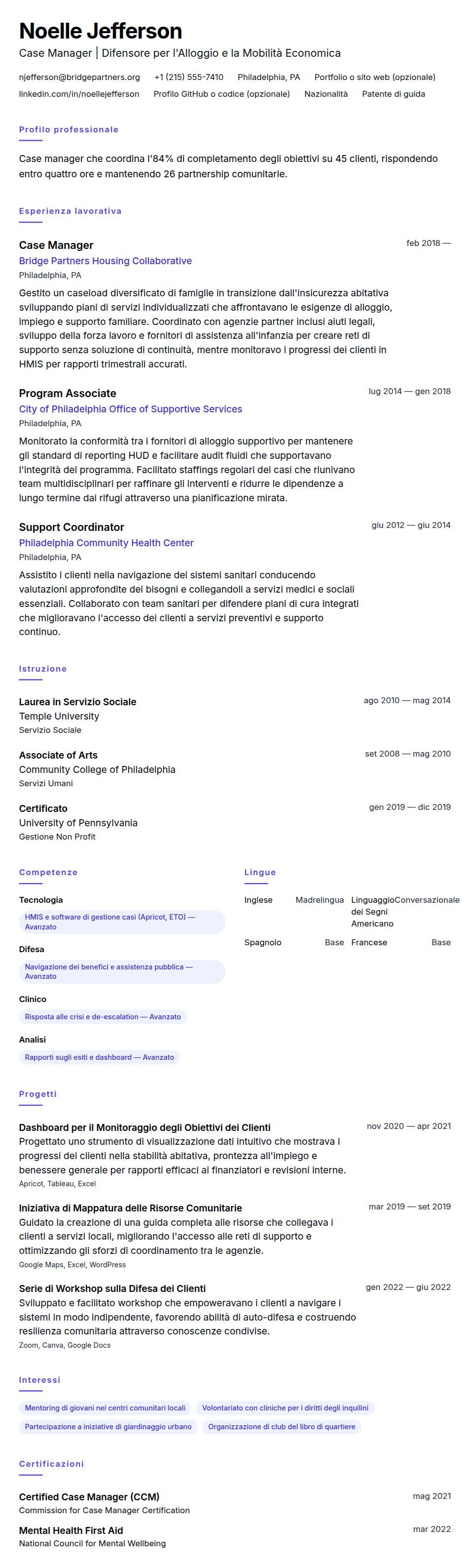 Anteprima del curriculum Esempio di Curriculum Case Manager