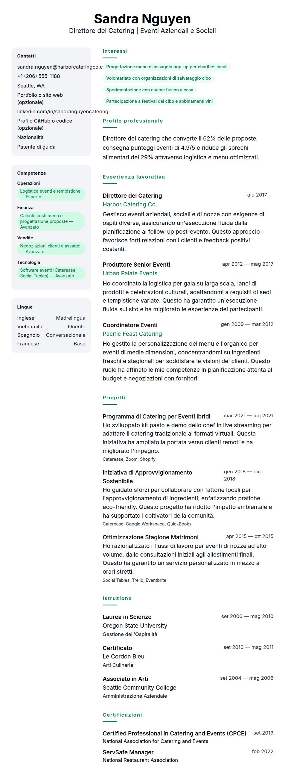 Anteprima del curriculum Esempio di Curriculum Vitae per Catering