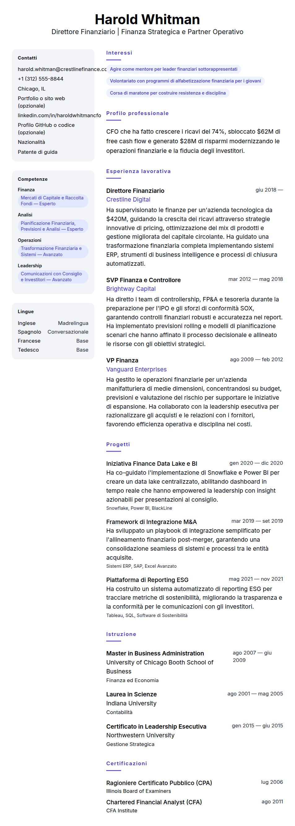 Anteprima del curriculum Esempio di Curriculum Vitae per Direttore Finanziario