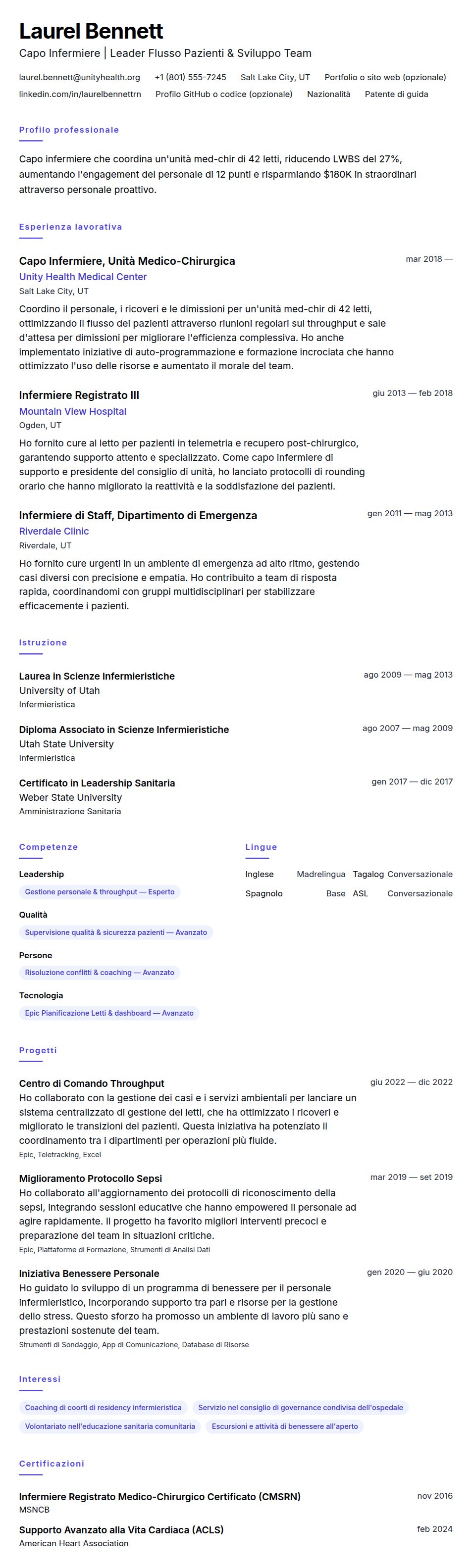 Anteprima del curriculum Esempio di Curriculum Capo Infermiere