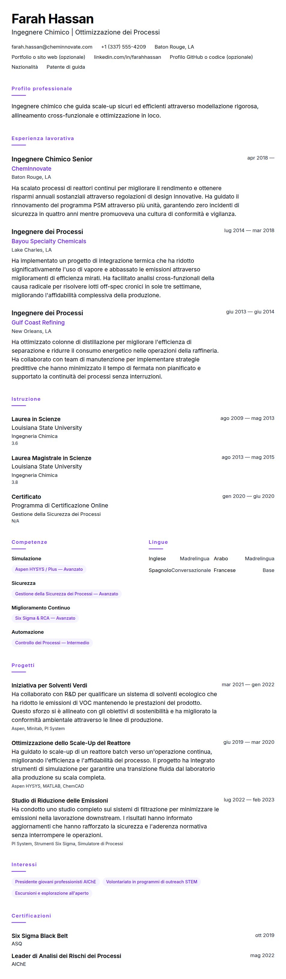 Anteprima del curriculum Esempio di Curriculum per Ingegnere Chimico